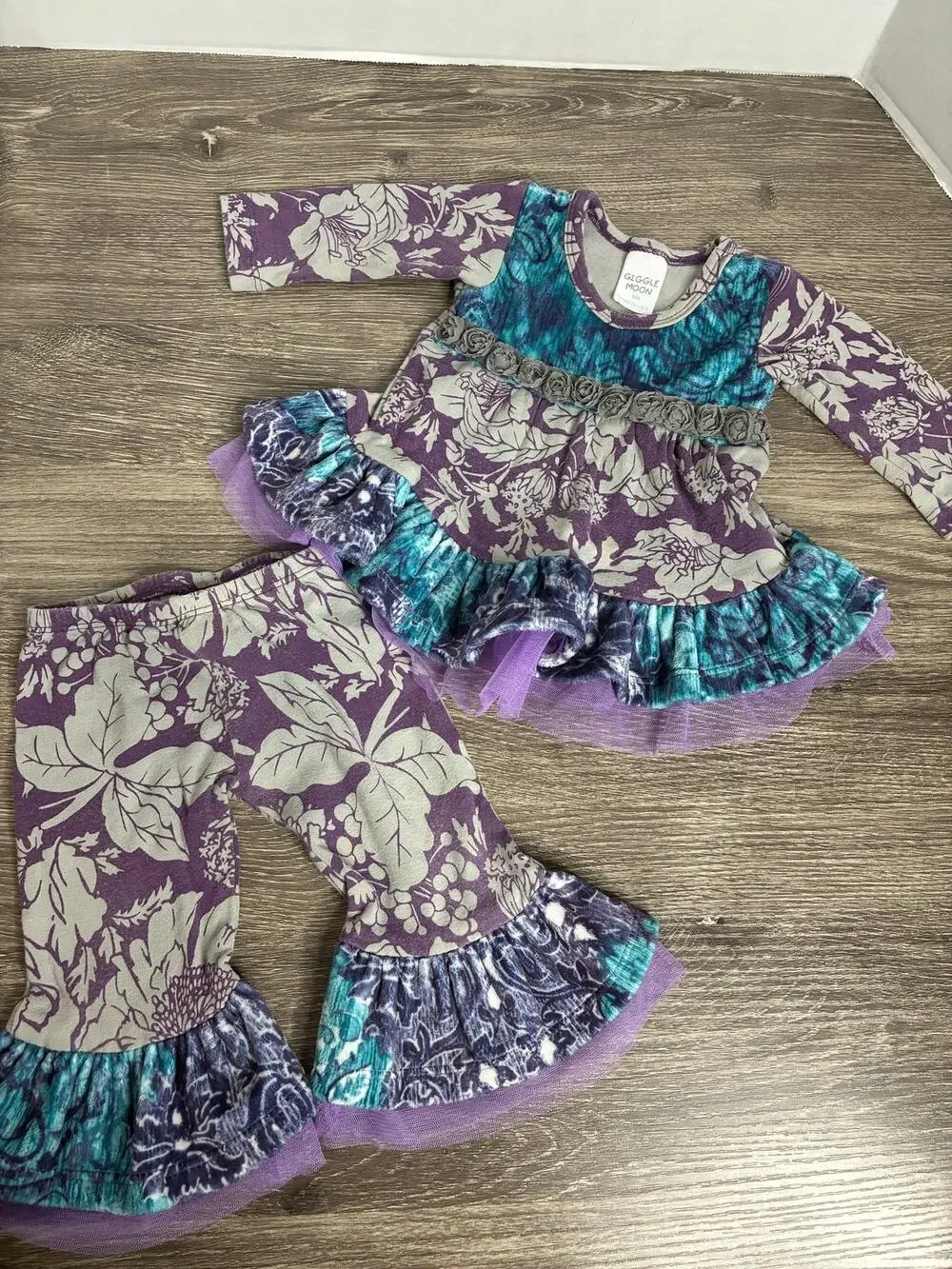 Giggle Moon Girls 6 Months Two Piece Outfit Purple Gray Blue Floral